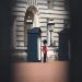 A classic view of a royal guard in uniform outside Buckingham Palace, London.