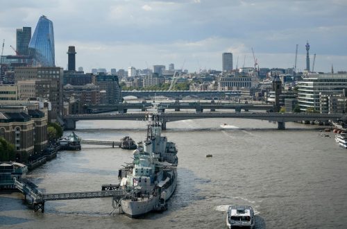 A breathtaking view of the River Thames in London featuring historic bridges and modern skyline.