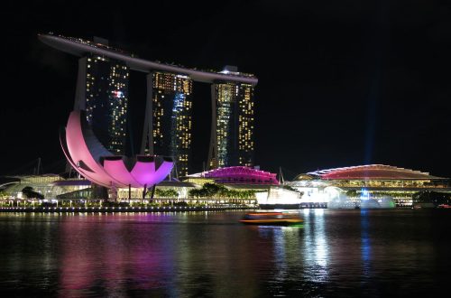 Stunning night view of Marina Bay Sands, Singapore, reflecting on water.