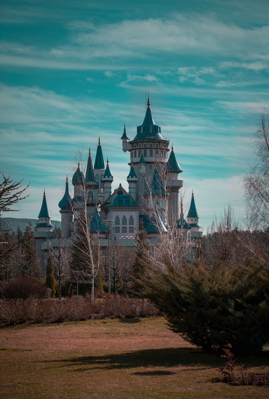 Enchanting fairytale castle amidst trees in Sazova Park, Eskişehir, Turkey.