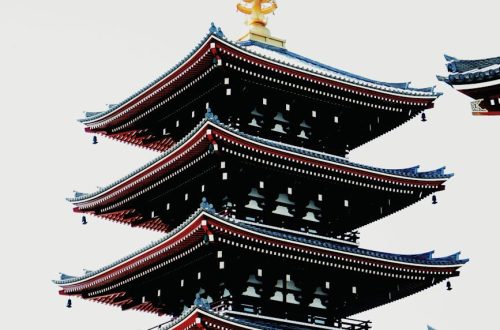 Vertical view of the Senso-ji Temple pagoda, a prominent Tokyo landmark, during the day.