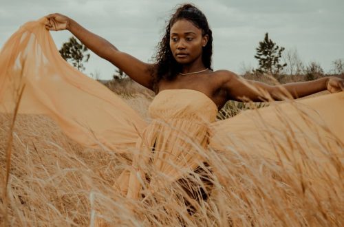 Graceful woman in flowing dress embraced by the golden wheat field under a cloudy sky.